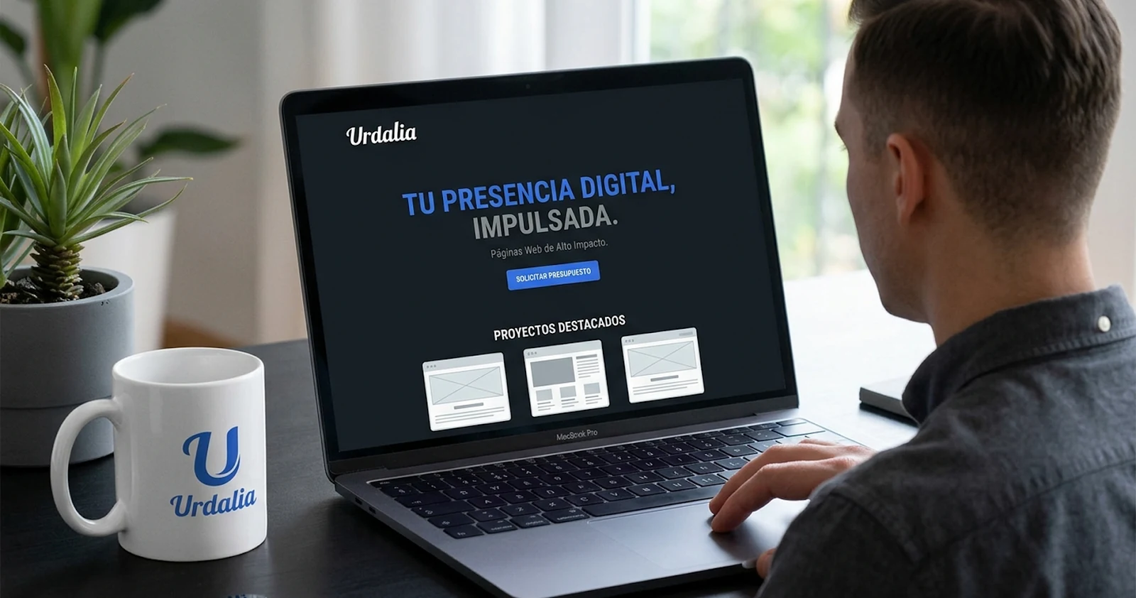 Página web de Urdalia abierta en un portátil, junto a una taza con el logotipo del estudio